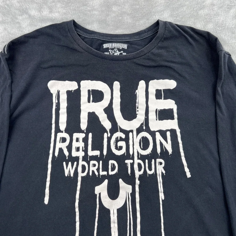 True Religion Drip Graphic Long Sleeve Tee 3XL Black Men Streetwear World Tour